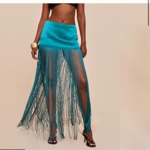 PrettyLittleThing Asymmetrical Teal Fringe Skirt